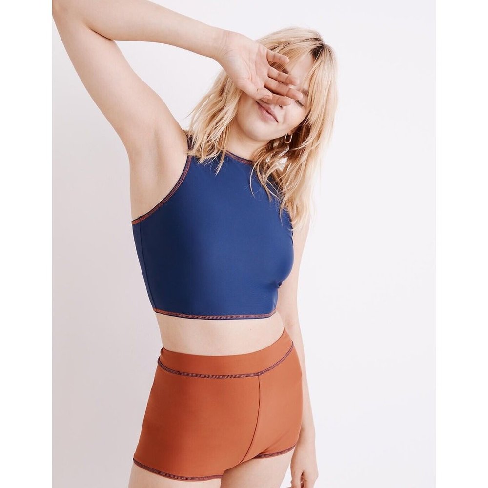 Madewell Second Wave High Neck Longline Bikini Top Nightfall Blue Womens M 6 8